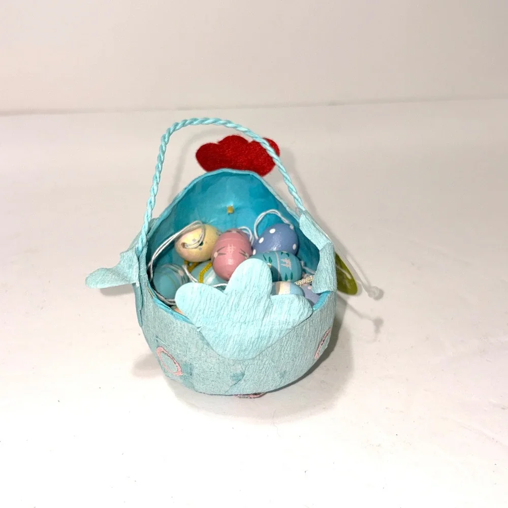 World Market Easter Blue Chicken Crepe Paper Basket & 14 Wooden Egg Ornaments